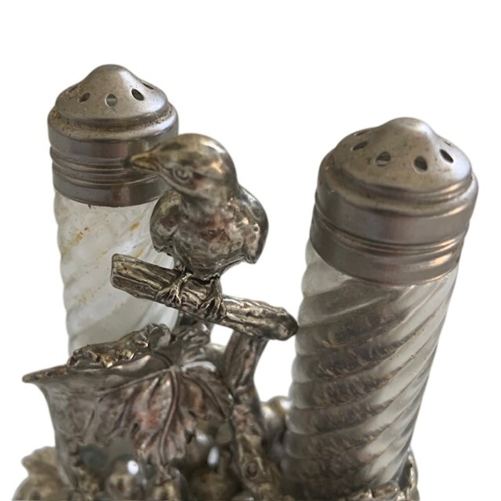 Vintage Bird Grapevine Salt Pepper Shaker Holder Silver Tone Country Cottage - Picture 3 of 11
